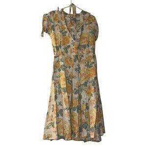 Vintage Yellow Floral A-Line Dress‎ M Knee Length Short Sleeve Party